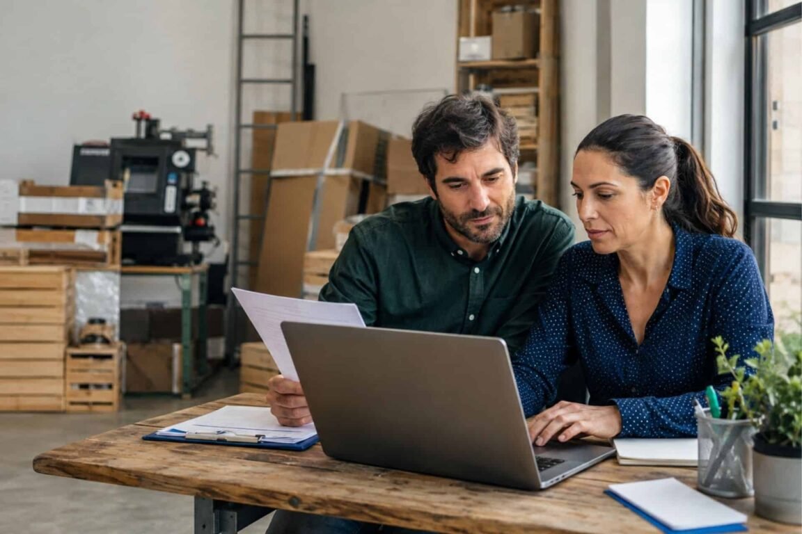 Empresarios revisando facturas y bienes de inversión mediante un software de gestión en una pyme