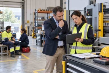 Responsables de una empresa revisan la documentación preventiva tras un accidente laboral en una fábrica.