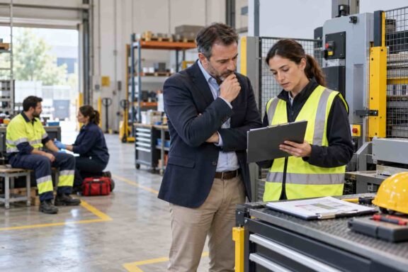 Responsables de una empresa revisan la documentación preventiva tras un accidente laboral en una fábrica.